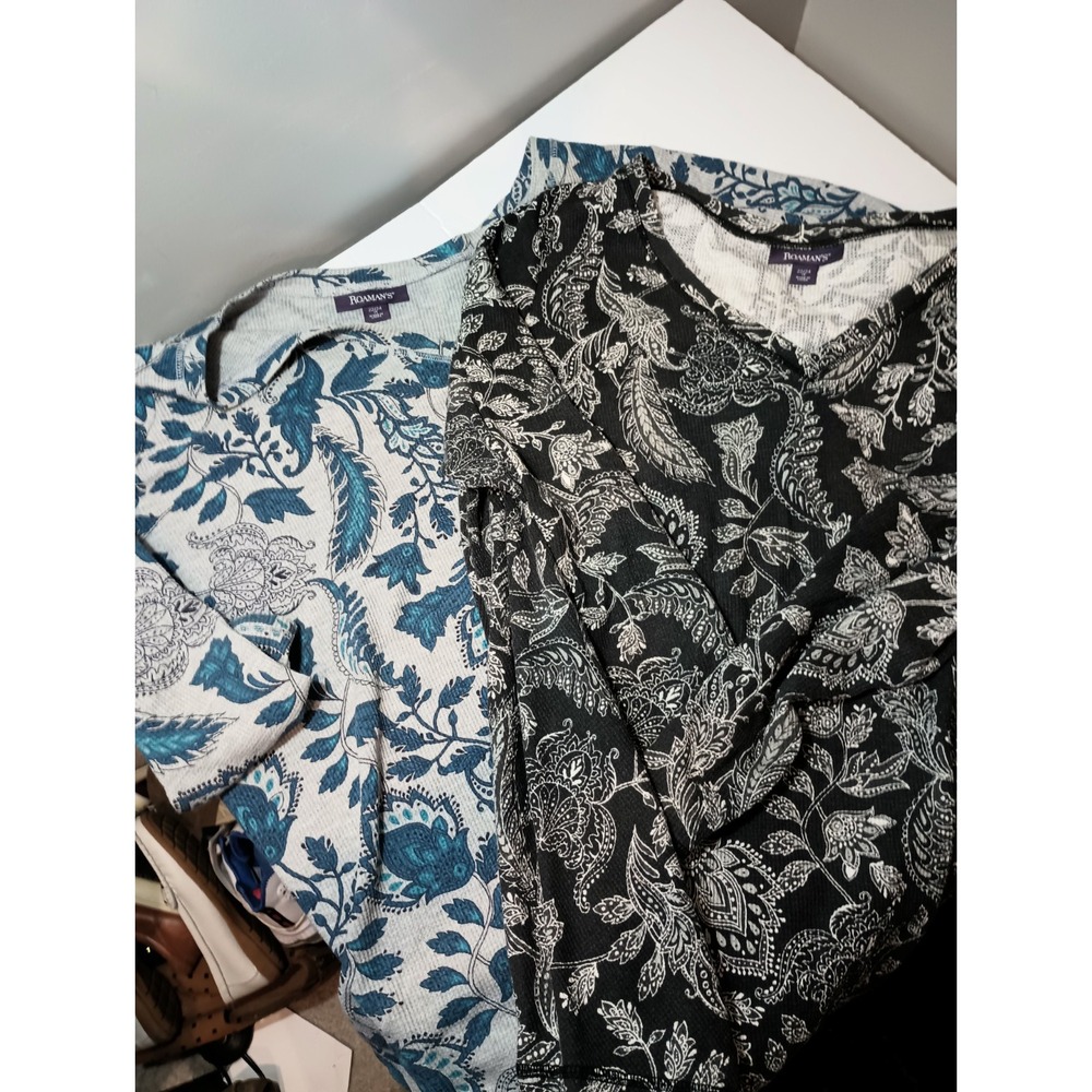 Roaman's 1X 22/24 Lot 2 Womens Thermal Tops Paisley Waffle Knit V Neck Tunic...